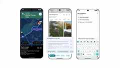 Three mobile phone screens displaying different Google app interfaces. The first screen shows Google Maps navigating to Mother Teresa Cres. The second screen displays information about Moti Doongri Fort, including photos and details. The third screen shows a Google search interface with a question about must visit stalls.
