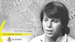 An black-and-white image of a young Ron Sachs in a polo, set in a graphic that reads