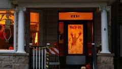 Halloween decorations on a house in the Lincoln Square area of Chicago, October 2022.