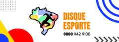 O banner do Disque Esporte utiliza as cores do Governo Federal e apresenta o mapa do Brasil ao fundo. No centro, há a imagem de um atleta, simbolizando a inclusão no esporte. Abaixo da imagem, destaca-se o número 0800 942 9100, oferecendo um serviço de apoio e informações sobre esportes no Brasil.