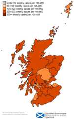 This colour coded map of Scotland shows the different rates of weekly positive cases per 100,000 people across Scotland’s Local Authorities. The colours range from grey for under 50 weekly cases per 100,000, through very light orange for 50 to 100, orange for 100-300, darker orange for 300-500, and very dark orange for over 500 weekly cases per 100,000 people. Only Clackmannanshire is showing as very dark orange on the map this week, with over 500 weekly cases, and no local authorities are showing as grey for under 50 weekly cases per 100,000. No local authorities are shown as very light orange, with 50-100 weekly cases per 100,000 people. City of Edinburgh, East Lothian, East Renfrewshire, Glasgow City, Inverclyde, Perth and Kinross, Renfrewshire, Shetland, South Ayrshire and West Dunbartonshire are showing as orange with 100-300 weekly cases. All other local authorities are shown as darker orange with 300-500 weekly cases per 100,000.