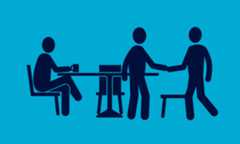 Illustration of colleagues having coffee and shaking hands around a table
