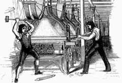 Luddieten vernietigen een weefgetouw, negentiende-eeuwse ets.