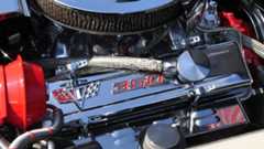 A closeup of a C3 Chevrolet Corvette engine bay with a 350 small block v8