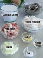 shrimp, pork belly, shredded buko, coconut cream, onions, garlic, pepper, salt, banana leaves, kitchen twine.