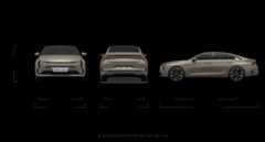 K8 제원 정면,후면,측면 : 전폭 1,880mm, 전고 1,480mm, 윤거 전 1,624mm, 전폭 1,880mm, 윤거 후 1,631mm, 전장 5,050mm, 축거 2,895mm ※ 윤거/전고는 20인치 타이어 적용 기준, 단위 : mm