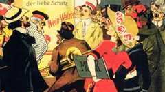 Anton J. Benjamin Verlag Hamburg, Leipzig, Wien, Werbung um 1910 Gezeichnetes Bild einer Menschenmenge vor einer Litfasssäule mit Titeln von Operetten