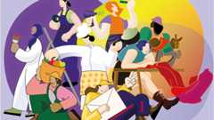 Titelbild Fachtag Women at work 2022 Bunte Grafik - Menschen unterschiedlicher Nationalitäten bei der Ausübung unterschiedlicher Berufe