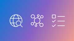 Three white icons on a gradient background transitioning from blue to purple to pink. From left to right: a globe with a magnifying glass representing internet search, a central circle connected to smaller circles symbolizing network connectivity, and a checklist with two checkmarks and one empty box indicating task management.