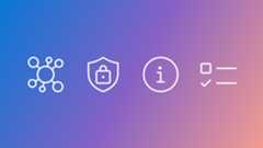 Four white line icons on a blue-to-orange gradient background: a network node icon, a security shield with padlock icon, an information icon, a checklist icon