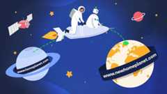 characters flying between planets in space banner