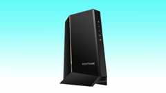 The best cable modems, including a black router, are showcased on top of a blue background.