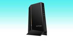 The best gaming modem, a black router, shines on a blue background.