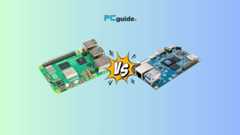 Comparison of two single-board computers with 'Raspberry Pi 5 vs Orange Pi 5' symbol indicating a versus battle, set against a two-tone background.