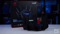 ROG RAPTURE GT-AXE16000 Wifi 6E Router in front of box, Image by PCGuide