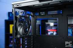 The back of the HAVN BF 360 Flow empty and without side panels. It has a 140mm fan in the back and cuto out in the motherboard tray.