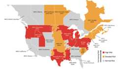 Thirteen of 23 North American assessment areas face elevated or high resource adequacy risks over the next five years, according to NERC's 2025 Long-Term Reliability Assessment released Jan. 29, 2026. High-risk regions (red) include MISO, PJM, Texas RE-ERCOT, WECC-Northwest, WECC-Basin, and SERC-Central, where planned resources would result in energy shortfalls exceeding adequacy targets. Elevated-risk areas (orange) meet baseline criteria but face potential shortfalls under extreme weather conditions. Years shown indicate when each region's highest risk level first occurs during 2026–2030. Source: NERC