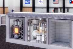 Cutaway rendering of the Natura MSR-1 molten-salt research reactor installation at Abilene Christian University’s Science and Engineering Research Center. The liquid-fueled reactor vessel sits within a trench-mounted enclosure, where fission heat is carried by a forced-circulation molten-salt loop to a primary heat exchanger. Thermal energy is then transferred to secondary systems located in adjacent sections of the trench, allowing reactor heat to be rejected to air or routed to other applications. Natura says this physical separation of core, heat removal, and secondary systems enables flexible integration of industrial thermal processes—such as produced-water desalination—without relying on high-pressure steam systems or large volumes of cooling water.