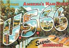 vintage postcard reading "greetings from america's main street, u s 66"