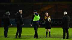 23 November 2025; Referee Joe McQuillan abandons the AIB Ulster GAA Football Senior Club Championship semi-final match between Scotstown and Newbridge at O'Neill's Healy Park in Omagh, Tyrone. Photo by Ben McShane/Sportsfile 23 November 2025; Referee Joe McQuillan abandons the AIB Ulster GAA Football Senior Club Championship semi-final match between Scotstown and Newbridge at O'Neill's Healy Park in Omagh, Tyrone. Photo by Ben McShane/Sportsfile