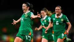 24 October 2025; Marissa Sheva of Republic of Ireland celebrates after scoring her side's fourth goal during the UEFA Women's Nations League A/B promotion/relegation play-off first leg match between Republic of Ireland and Belgium at the Aviva Stadium in 24 October 2025; Marissa Sheva of Republic of Ireland celebrates after scoring her side's fourth goal during the UEFA Women's Nations League A/B promotion/relegation play-off first leg match between Republic of Ireland and Belgium at the Aviva Stadium in