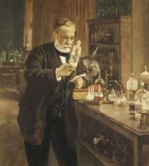 Louis Pasteur in his laboratory, holding a jar containing the spinal cord of a rabbit infected with rabies, which he used to develop a vaccine against the disease.