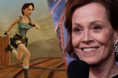 LEFT: Lara Croft in Tomb Raider video game. RIGHT: Sigourney Weaver being interviewed about the series.