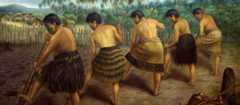 Painting of men digging in garden outside village