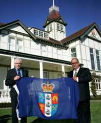 Herald of Arms Phillip O'Shea and Governor-General Sir Anand Satyanand with the governor-general's flag