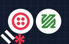 Twilio and Zuora logos on a dark grid background with additional abstract shapes.