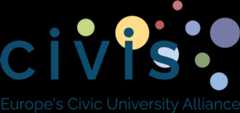Logo de CIVIS con mapa de Europa, puntos de colores señalando las ubicaciones de las universidades miembro de la Alianza, y texto que indica CIVIS, a European Civic University