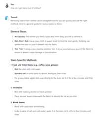 Chat interface showing AI guide for removing stains with general steps and methods for food, ink, and blood stains